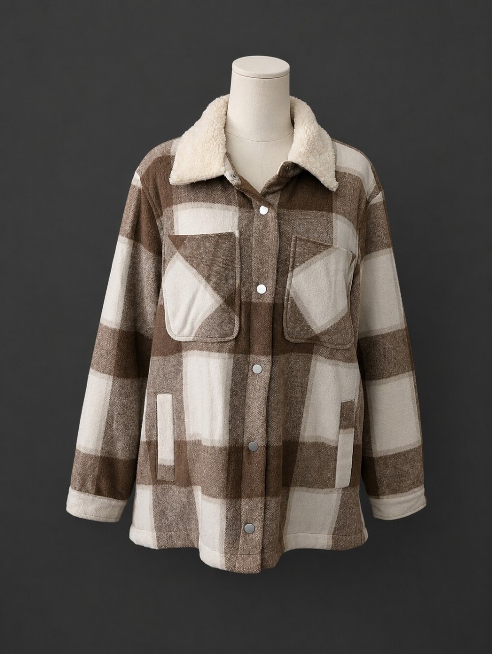 Women's Teddy-Lined Plaid Shacket Jacket in Brown & Cream